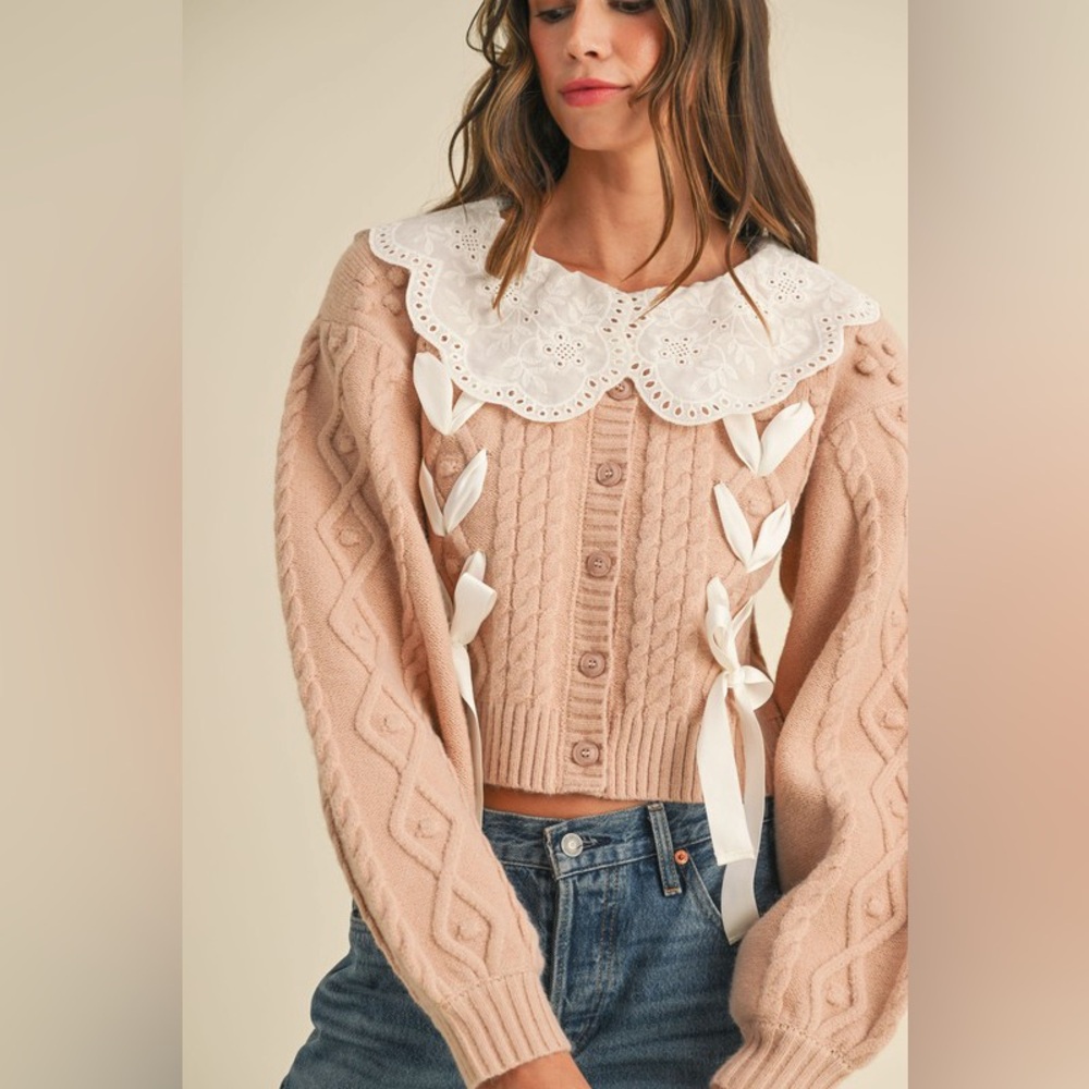 80B. Eyelet Collar Cable Knit Cardigan - Rose